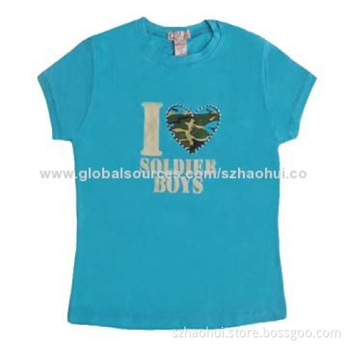 Women's 100% cotton fashion design printed t-shirt with hot stones decoration